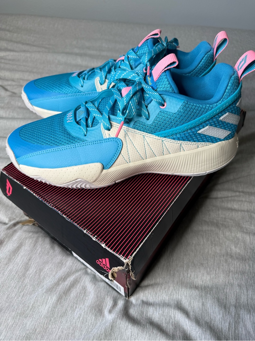 Mens D Rose Adidas Turquoise & Cream Sneakers with Pink Pull Tabs